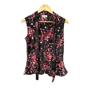 Vintage Innovare Satin Black & Pink Sleeveless Blouse Tie Notched Collar Size 6